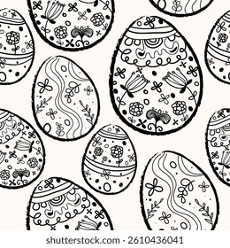 Happy Easter, vector seamless pattern cartoon eggs for card, banner, packaging, gift wrap, invitation Patterned eggs with flowers, lines, dots Black white minimalist trending design. Eps 10 