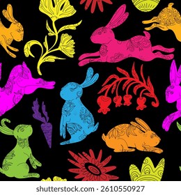 Happy Easter. Vector seamless pattern with bunnies and flowers. Folk art, linocut, floral patterns