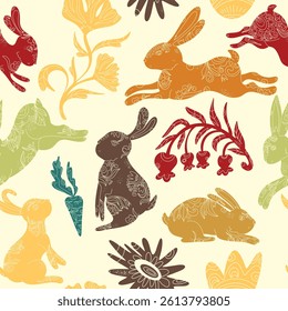Happy Easter. Vector seamless pattern with bunnies and flowers. Folk art, linocut, floral patterns