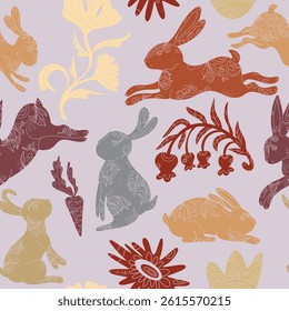 Happy Easter. Vector seamless pattern with bunnies and flowers. Folk art, linocut, floral patterns
