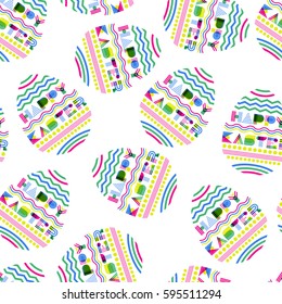 Happy Easter vector seamless pattern. Geometric letters in egg shape. Colorful Easter egg on white background. Modern background design for holiday.
