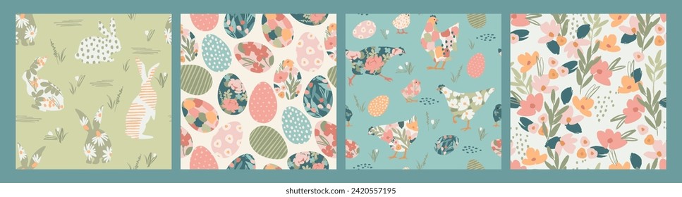 Happy Easter. Vector seamless patterns with abstract chickens, rabbits, eggs and flowers. Vector design templates