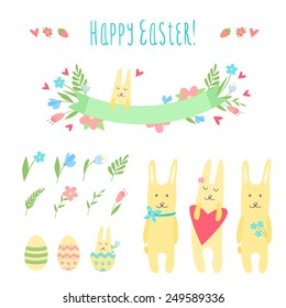 Happy Easter vector set - bunnies, eggs, flowers, ribbon, flower, etc.