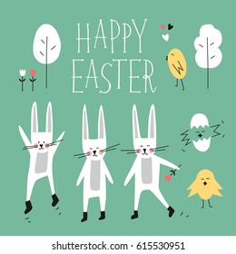 Happy easter vector set. Bunny, rabbit, chick, tree, flower, heart, lettering phrase. Spring forest elements for design. Cartoon colorful flat illustration