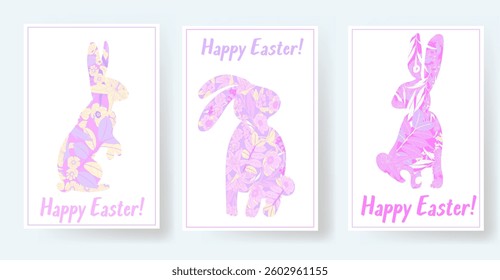 Happy Easter vector set of cards with bunny, flowers and botanical elements, with the phrase "Happy Easter!" in the center. Perfect for holiday cards, decorations, and design projects.