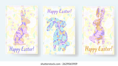Happy Easter vector set of cards with bunny, flowers and botanical elements, with the phrase "Happy Easter!" in the center. Perfect for holiday cards, decorations, and design projects.