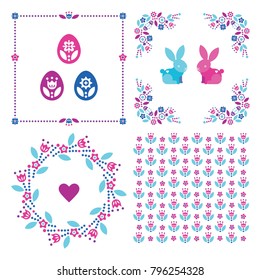 Happy Easter Vector set with colored eggs, wreaths, ornaments, stickers, rabbits, stylized patterns, icons, stencils. For greeting card, ad promotion poster social media stickers