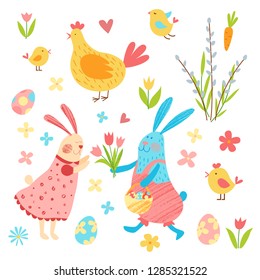 Happy Easter vector set. Cute funny animals. Hand drawn flat cartoon elements: easter eggs, cake, willow, flowers, bunny and  chickens. Isolated on white. Kids illustration. Pencil texture.