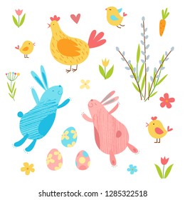 Happy Easter vector set. Cute funny animals. Hand drawn flat cartoon elements: easter eggs, willow, flowers, bunny and  chickens. Isolated on white. Kids illustration. Pencil texture.