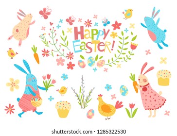 Happy Easter vector set. Cute bunnies, easter eggs, cake, willow and flowers. Hand drawn flat cartoon elements. Funny rabbits and chickens. Isolated on white. Kids illustration. Pencil texture.