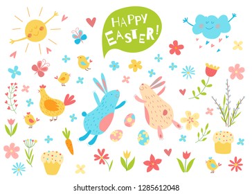 Happy Easter vector set. Cute bunnies, easter eggs, cake, willow and flowers. Hand drawn flat cartoon elements. Funny rabbits and chickens. Isolated on white. Kids illustration. Pencil texture.