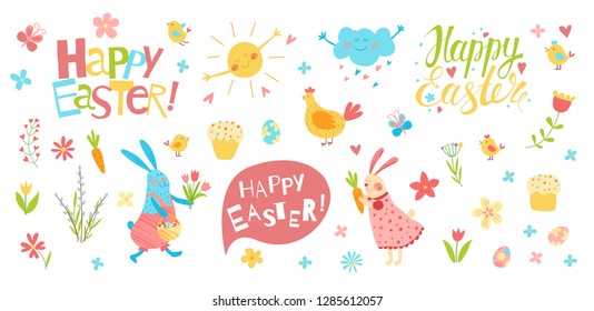 Happy Easter vector set. Cute funny animals. Hand drawn flat cartoon elements: easter eggs, cake, willow, flowers, bunny and  chickens. Isolated on white. Kids illustration. Pencil texture.