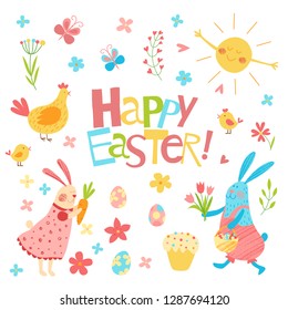 Happy Easter vector set. Cute funny animals. Hand drawn flat cartoon elements: easter eggs, cake, willow, flowers, bunny and  chickens. Isolated on white. Kids illustration. Pencil texture.