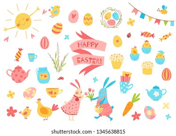 Happy Easter vector set. Cute funny hand drawn flat cartoon elements. Easter eggs, sun, flowers, bunny and  chickens. Isolated on white. Kids illustration. Pencil texture. Decoration elements.