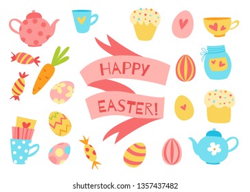 Happy Easter vector set. Cute hand drawn flat cartoon isolated elements. Easter eggs, cake, sweets, tea cups, teapots, ribbon and carrot. Kids illustration. Decoration.