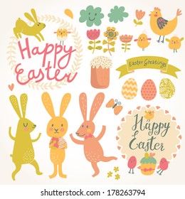 Happy easter vector set in vector. Cute rabbits, eggs, chicken, text, tasty cake in stylish colors. Concept holiday spring cartoon collection