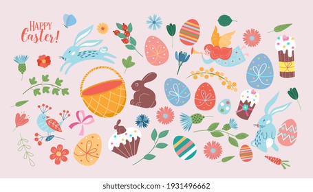 Happy Easter. Vector set of cute illustration. Painted eggs, rabbits, flowers, a basket, a chocolate hare, cakes. Design elements for card, poster, flyer and other use.