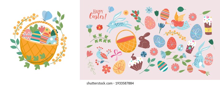 Happy Easter. Vector set of cute illustration. Painted eggs, rabbits, flowers, a basket, a chocolate hare, cakes. Design elements for card, poster, flyer and other use.