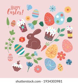 Happy Easter. Vector set of cute illustration. Painted eggs, rabbits, flowers, a basket, a chocolate hare, cakes. Design elements for card, poster, flyer and other use.