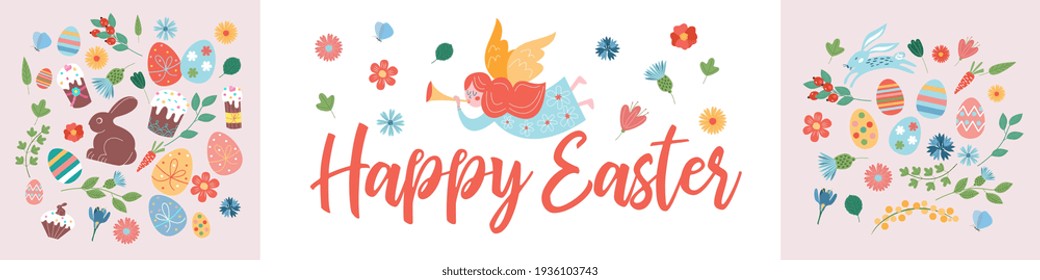 Happy Easter. Vector set of cute illustration. Painted eggs, rabbits, flowers, a basket, a chocolate hare, cakes. Design elements for card, poster, flyer and other use.