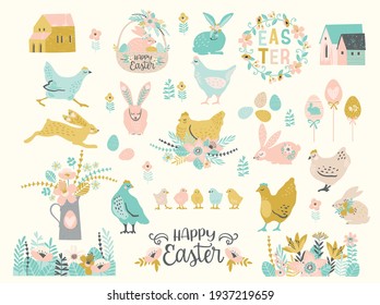 Happy Easter. Vector set of cute illustration. Chicken, bunnies , flowers, eggs, houses. Design elements for card, poster, flyer and other use.