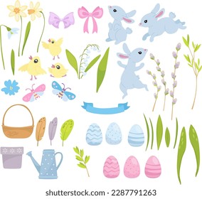 Happy Easter vector set. Cute blue bunnies and chickens, easter eggs, eggs, watering can, basket, willow, feathers and flowers white background. Hand drawn flat cartoon elements.