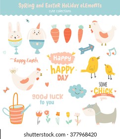 Happy Easter vector set in vector. Cute and funny smiling Bunny, chicken, carrot, flowers and other graphic holiday elements in stylish colors. Holidays spring and summer cartoon concept set