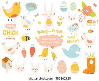 Happy Easter vector set in vector. Cute and funny smiling Bunny, chicken and chicks, carrot, eggs and other graphic holiday elements in stylish colors. Holidays spring and summer cartoon concept set