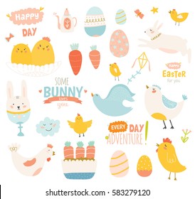 Happy Easter vector set in vector. Cute and funny smiling Bunny, chicken, carrot, flowers and other graphic holiday elements in stylish colors. Holidays spring and summer cartoon set