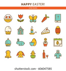 Happy Easter. Vector set of design elements. Icons in trendy linear style. Bunny, Easter, cake, egg, the Bible
