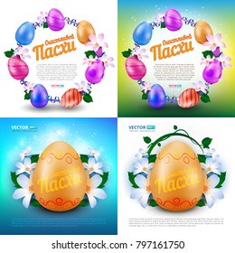 Happy Easter vector set of greeting cards or banners with color painted eggs, spring flowers and russian text (eng.: Happy easter). Perfect to use for advertising design and other creative projects