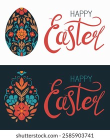 Happy Easter. Vector set of horizontal cards with Easter ornamental eggs and lettering on white and black background. Collection of cards with quote and floral egg