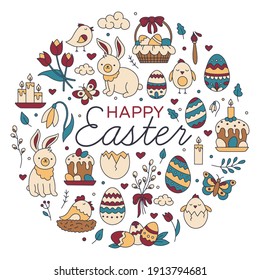 Happy Easter vector set of icons in the hand drawing Doodle style. A circular concept with traditional symbols, eggs, bunnies and chickens.