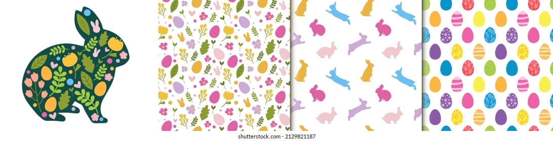 Happy Easter vector set of illustration, pack of seamless patterns. Cute Rabbit character, eggs, leaves, flowers. For paper and fabric, Social media, online marketing.
