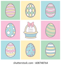 Happy Easter. Vector set of pastel colour Easter eggs and lovely basket with ribbon in flat design style.