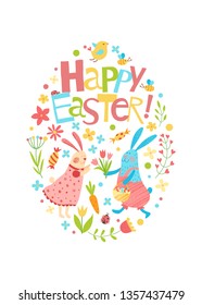 Happy Easter vector set. Pattern with flowers and rabbits in egg shape. Cute funny hand drawn flat cartoon elements: bunny, carrot, bird, bee. Isolated on white. Kids illustration. Pencil texture.
