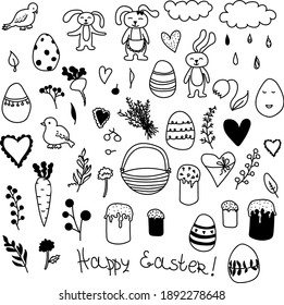 Happy Easter. Vector set with rabbit, eggs, radish and branches, berries, leaves, berries, hearts, carrot, cloud and raindrops. Cute characters and elements in doodle style. White background