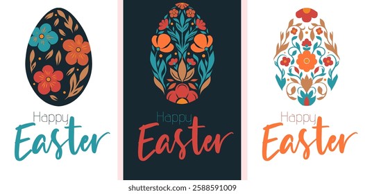 Happy Easter. Vector set of vertical cards with Easter folk art eggs and lettering on white and black background. Collection of cards with quote and floral egg