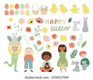 Happy Easter vector set.Collection of cute characters and spring decor isolated on a white background. Children boys and girls celebrate Easter.
