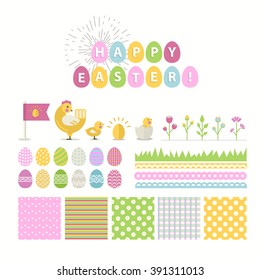 Happy Easter vector Set.Vector collection for easter design. Happy Easter isolated.Easter design elements.Cute  chicken,chick and other holiday elements with seamless pattern in stylish colors.