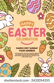 Happy easter vector template with colorful eggs, bunny, and flowers