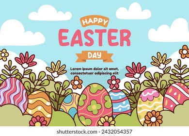 Happy easter vector template with colorful eggs, bunny, and flowers