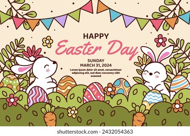 Happy easter vector template with colorful eggs, bunny, and flowers