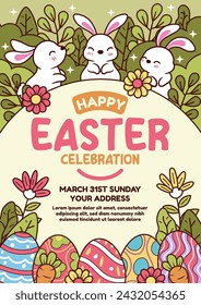Happy easter vector template with colorful eggs, bunny, and flowers