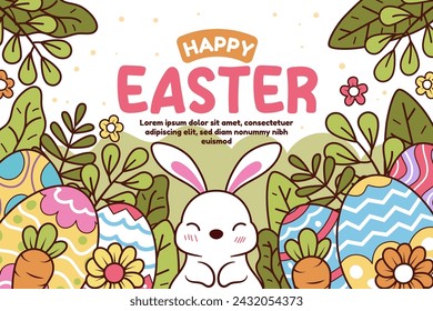 Happy easter vector template with colorful eggs, bunny, and flowers