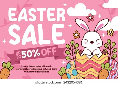 Happy easter vector template with colorful eggs, bunny, and flowers