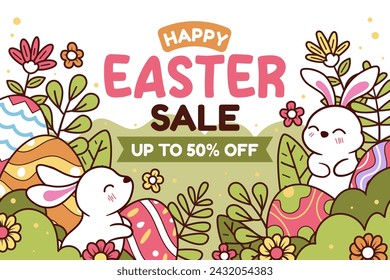 Happy easter vector template with colorful eggs, bunny, and flowers