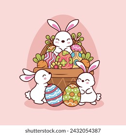 Happy easter vector template with colorful eggs, bunny, and flowers