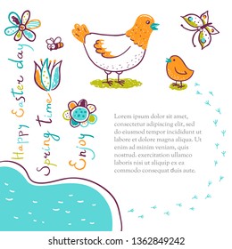 Happy Easter vector template with text. Cute hand-drawn background with easter chickens, river, flowers, lettering, insects. Free place for your text