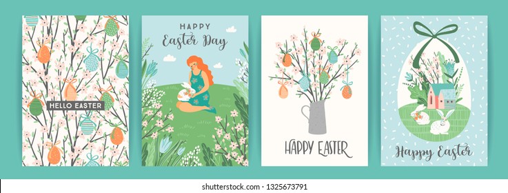 Happy Easter. Vector templates with cute illustrations for card, poster, flyer and other users. Design element.